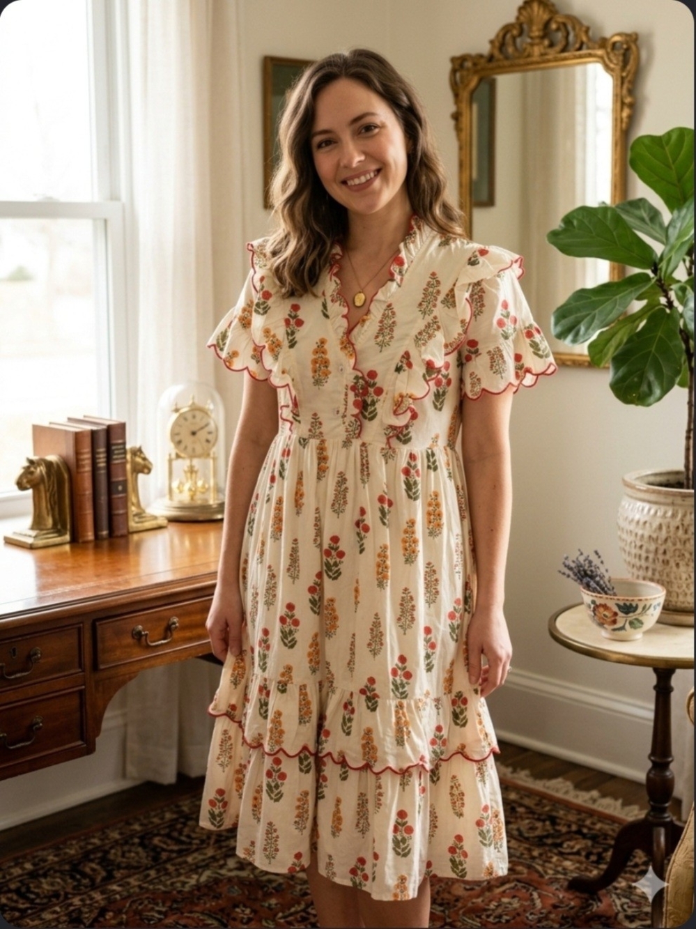 Umgee Cream Floral Ruffle Tiered Midi Dress with Red Trim
